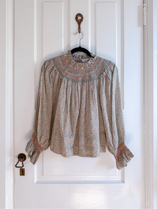 Doen Tops - Doen Smocked Floral Blouse in Cream with Pink and Green Accents